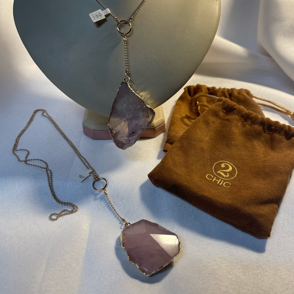 2 Chic Long Statement Amethyst And Rose Quartz Necklace (2pcs)